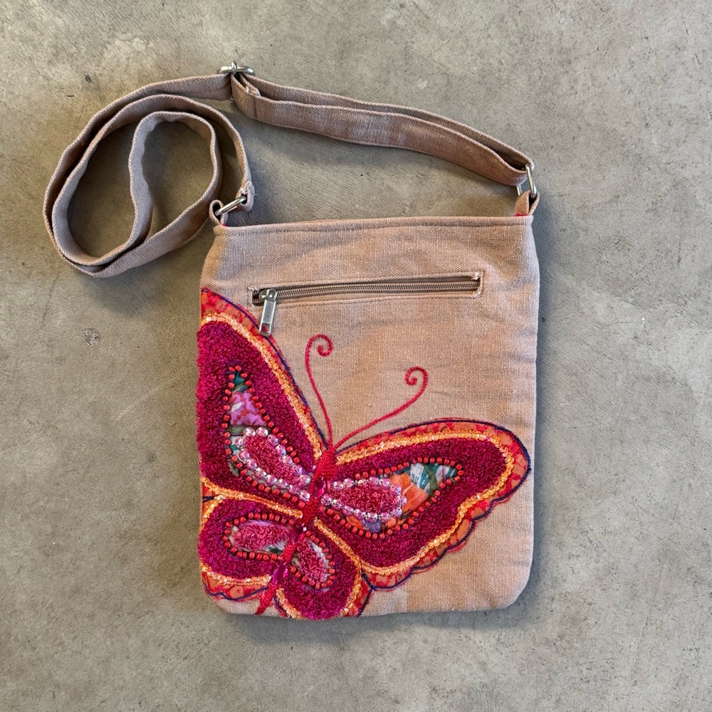 Embroidered/beaded butterfly canvas purse /adjustable strap, cross shoulder bag